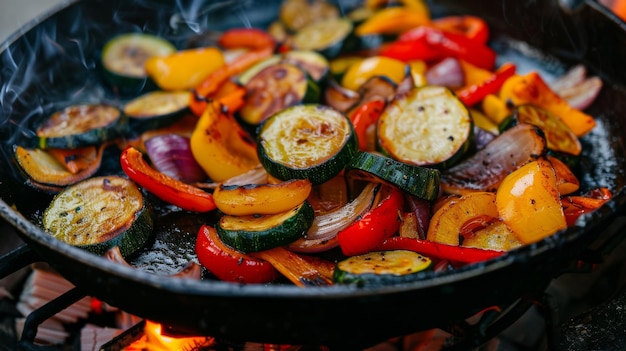 火のために特別なフライパンで野菜を焼く 炎で焼いた野菜ミックス