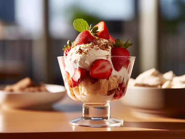 Bakje aardbeienijs met aardbeien en slagroom erop