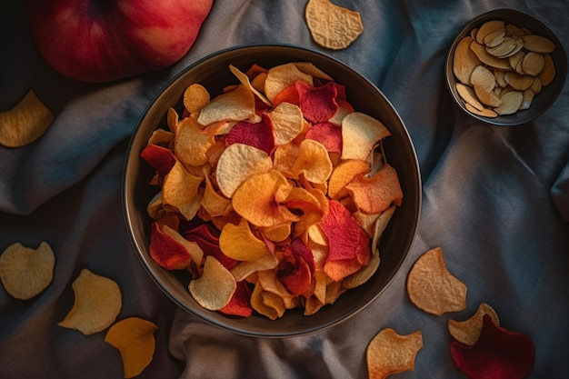 Bakje chips met een bakje appelchips op een blauwe doek