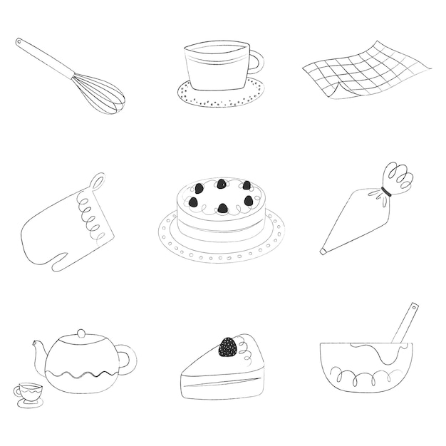 Bakken gereedschap taart png schattig doodle ontwerp transparante achtergrond set