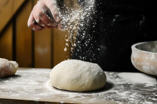 Bakker bereidt deeg met meel