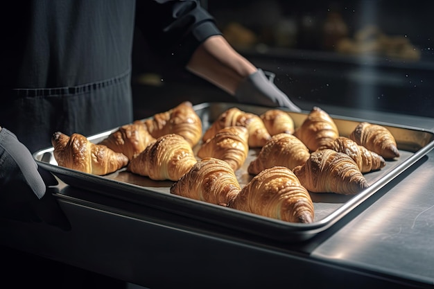 Bakker houdt een metalen dienblad vol verse croissants vast, verlicht met een mooi licht uit het raam Ai generatief