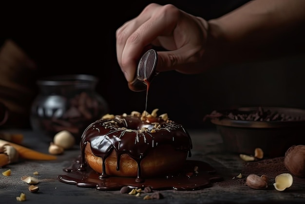 Bakker in de keuken met een gekookte chocoladedoughnut op een donkere achtergrond Generatieve AI