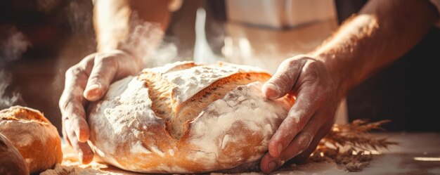 Bakker maakt in de oven vers zuurdeegbrood met meel.