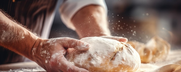 Foto bakker maakt in de oven vers zuurdeegbrood met meel.