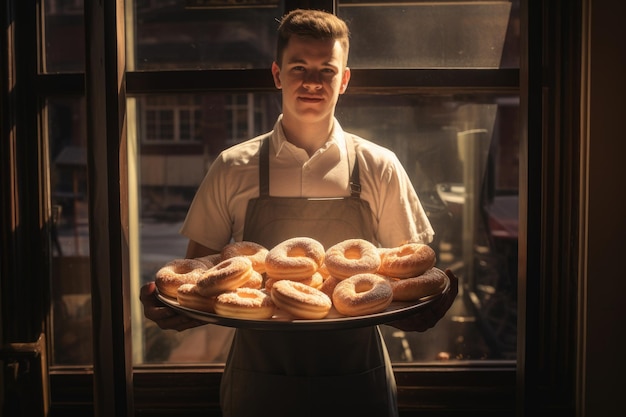 Bakker met een dienblad vol brood in een bakkerij