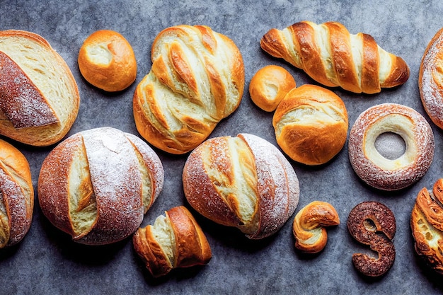 Bakkerij diverse soorten broodbeleg. Broodjes, stokbrood, bagel, zoet broodje en croissant.