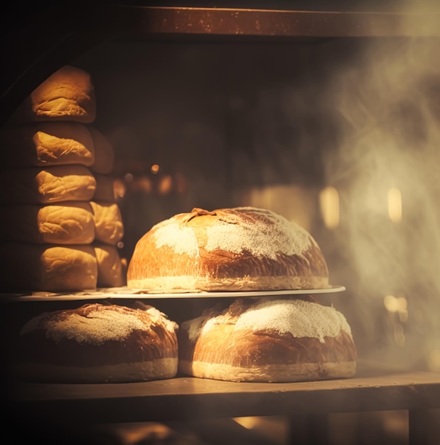 Bakkerij in de ochtend warm vers brood en banket bakken in de oude stad bakkerij versgebakken producten op planken en in de oven klein lokaal bedrijf en voedselproductie Generative Ai