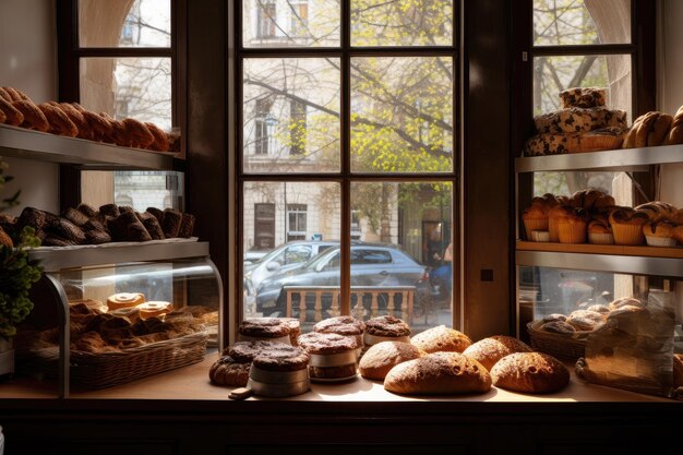 Foto bakkerij met versgebakken brood en gebak zichtbaar door het raam gecreëerd met generatieve ai