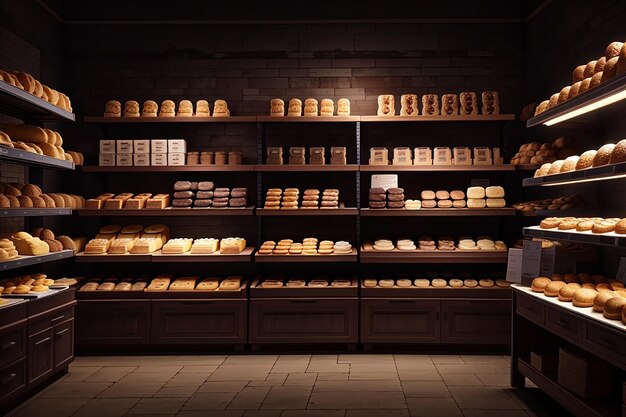Bakkerij's nachts leeg donker bakhuis interieur met producten op planken