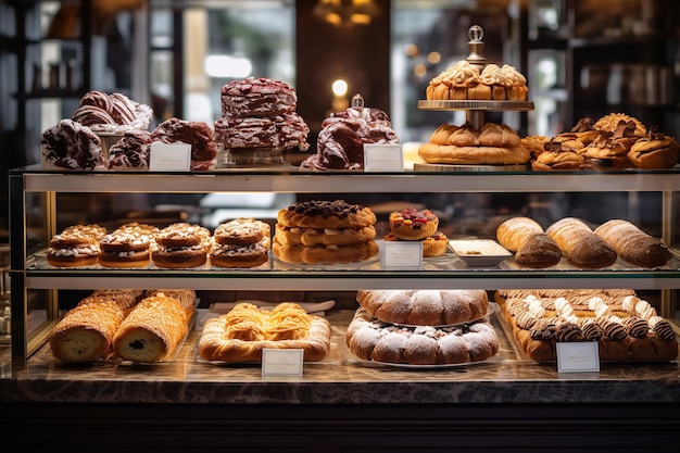 Bakkerijdisplay met een verscheidenheid aan heerlijke deegwaren