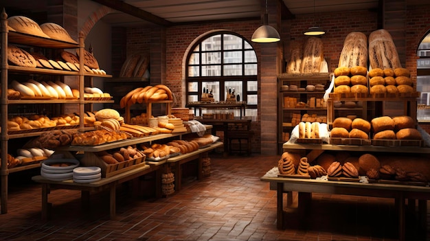 Bakkerijinterieur met een overvloed aan gebakken producten op planken in een supermarkt of supermarkt