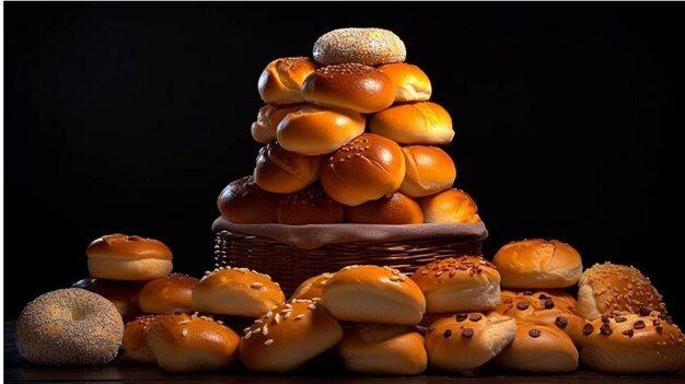 Bakkerijproducten op een zwarte achtergrond Broodjes broodjes broodjes taarten