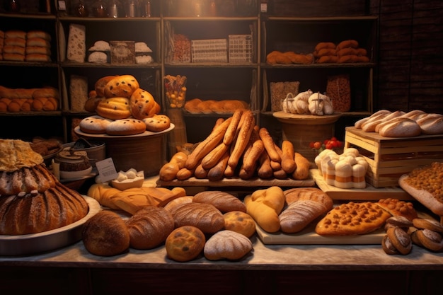 Bakkerijtoonbank met diverse broodsoorten gemaakt met generatieve ai