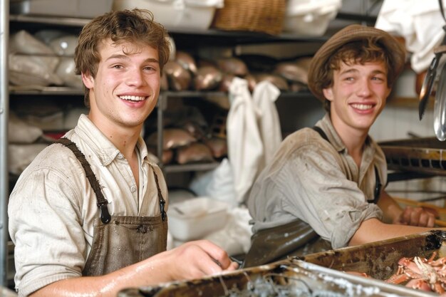 Foto bakkers met vreugdevolle uitdrukkingen die in een bakkerij werken