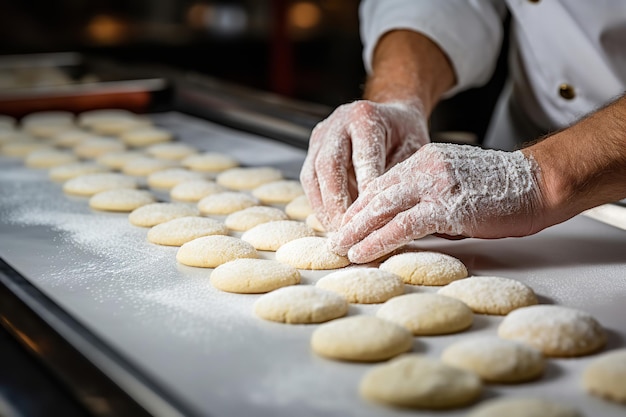 Bakkershanden die een partij suikerkoekjes voorbereiden