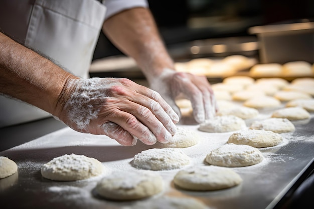 Bakkershanden die een partij suikerkoekjes voorbereiden