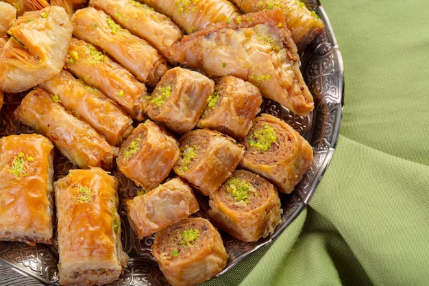 Baklava fresh on a plate, baklava served with pistachio