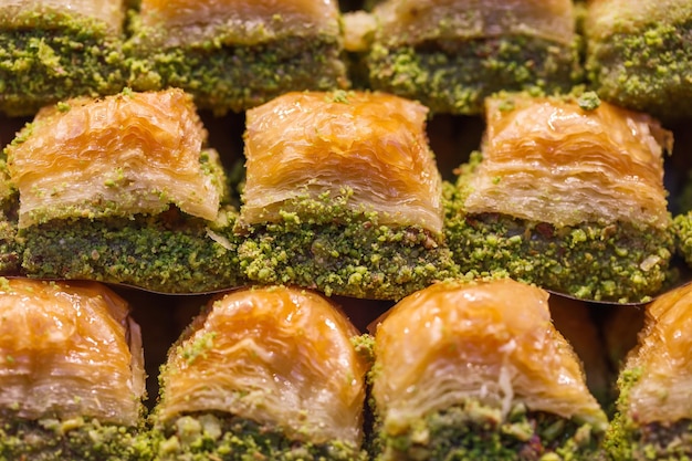 Baklava honey with grated pistachios selective focus