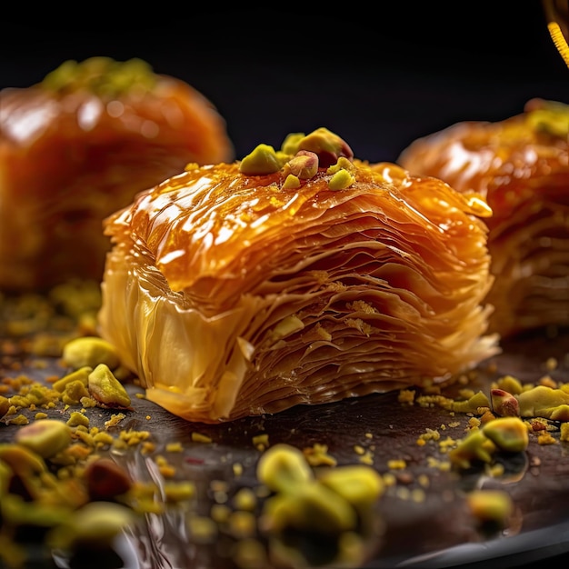 Baklava laagjesdessert gemaakt van filodeeg gevuld met gehakte noten