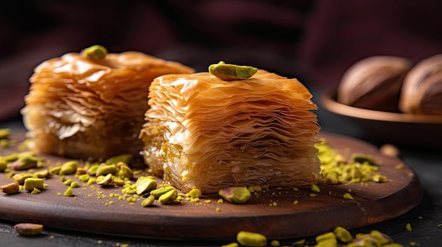 Foto baklava dolce di pasta a strati fatto di pasta filo ripiena di noci tritate