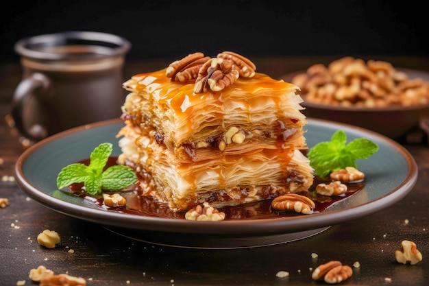 Photo baklava a sweet pastry made from layers of filo dough nuts and honey