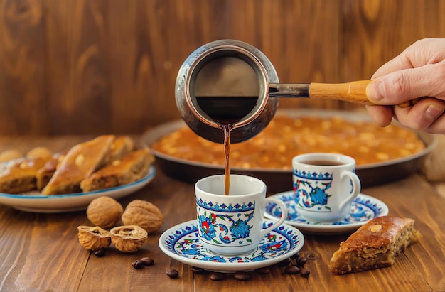 Photo baklava on the table and turkish coffee. selective focus.