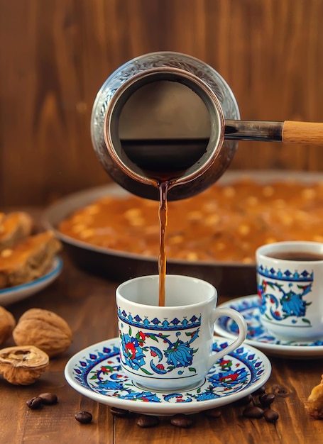 Baklava on the table and Turkish coffee. Selective focus.