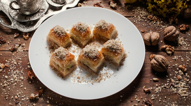 Baklava traditional oriental dessert. Tea and turkish pastry breakfast concept