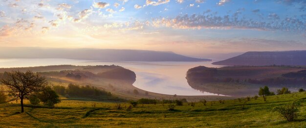 Bakota is a historic submerged by Dnister river waters settlement morning misty spring panorama Khmelnytskyi Oblast Ukraine