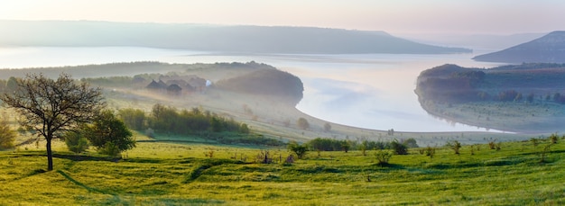 Bakota ( is a historic submerged settlement) morning misty spring panorama ( Khmelnytskyi Oblast, Ukraine)