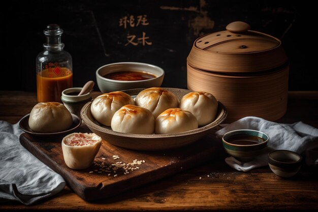 Photo bakpao pao food on plate chinese food