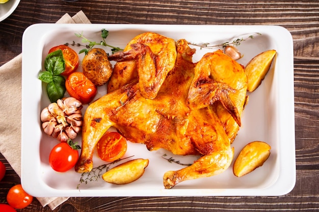 Bakplaat met lekker geroosterde gegrilde kip tabaka met groenten tomaten knoflook en aardappelen