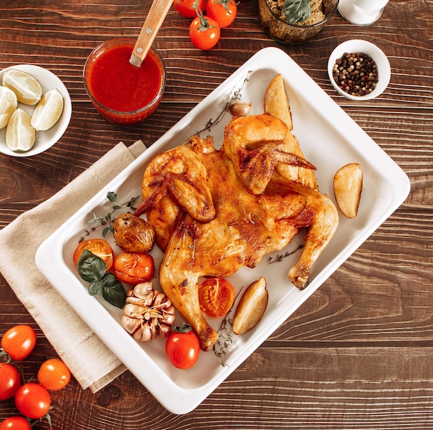 Bakplaat met lekker geroosterde gegrilde kip tabaka met groenten tomaten knoflook en aardappelen