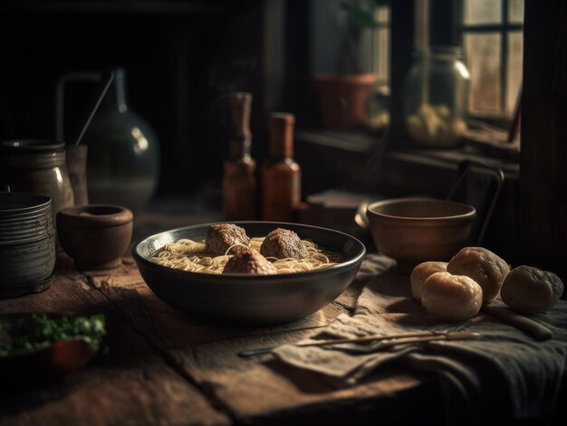 Photo bakso in a rustic kitchen food photography