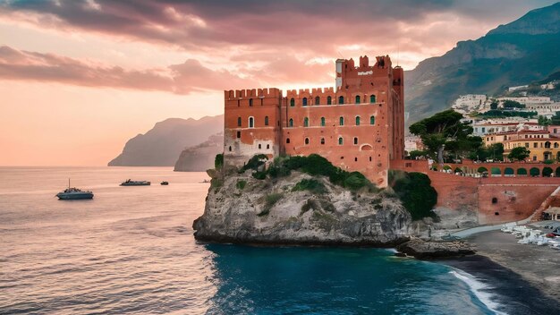 Bakstenen kasteel aan de rand van een klif over de oceaan gevangen in Amalfi kust