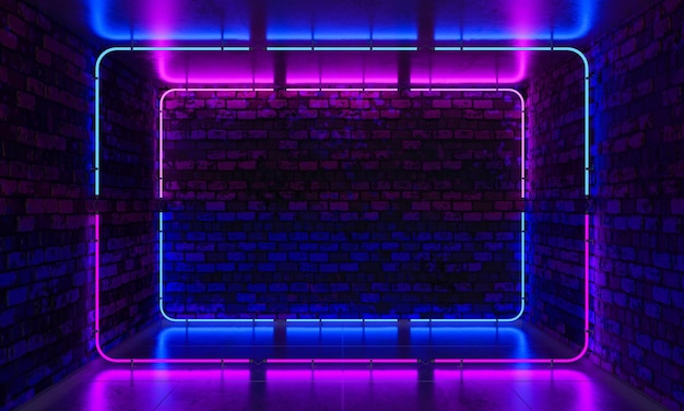 Bakstenen muur achtergrond neonlicht neon kamer 3d illustratie