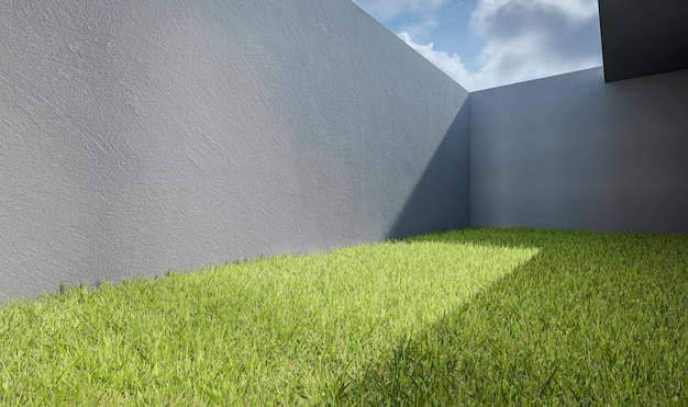 Bakstenen muur met groen gras en houten vloer