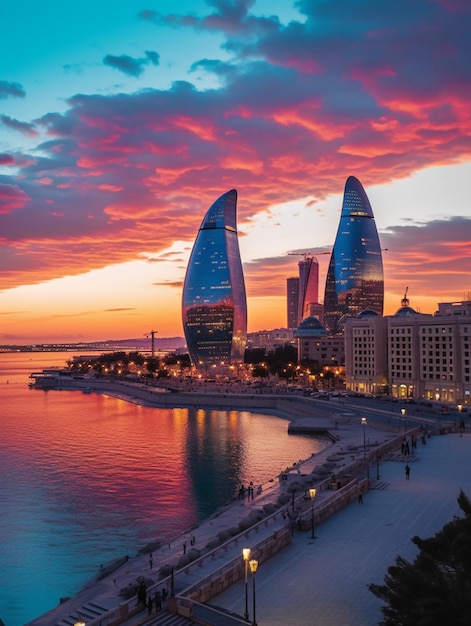 Баку, столица Азербайджана, достопримечательности, башни пламени, прекрасный закат