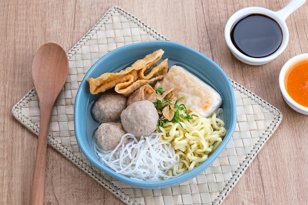 Bakwan Malang or Bakso Malang, traditional food from Malang, East Java, Indonesia. Meatballs soup