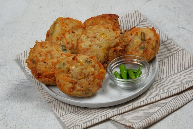 bakwan pontianak or vegetable frittersIndonesian traditional snack Served with raw chili