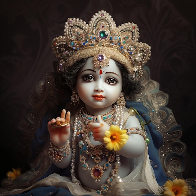 Photo bal krishna laddu gopal beautiful cloths and jewelry krishna janmashtami generative ai