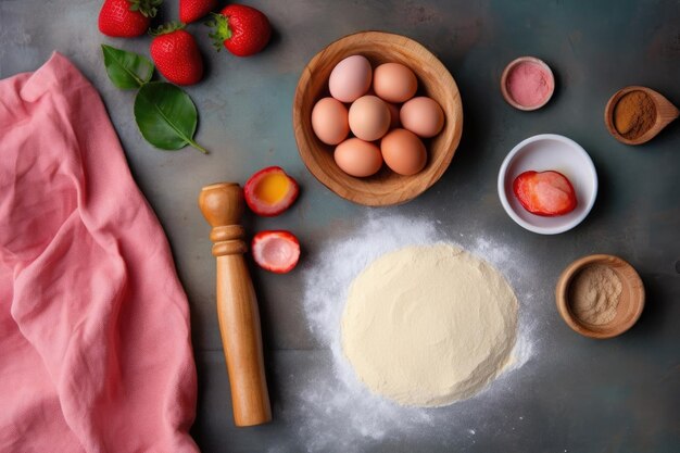 Bal van deeg en ingrediënten bloem water boter suiker rabarber voor bakken op geïsoleerde achtergrond