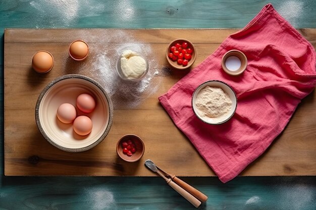 Bal van deeg en ingrediënten bloem water boter suiker rabarber voor bakken op geïsoleerde achtergrond