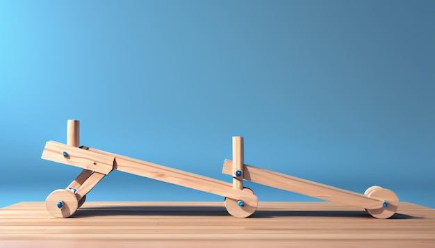 Balance in Blue 3D Render of an Outstanding Wooden Seesaw against a Serene Blue Background A Min