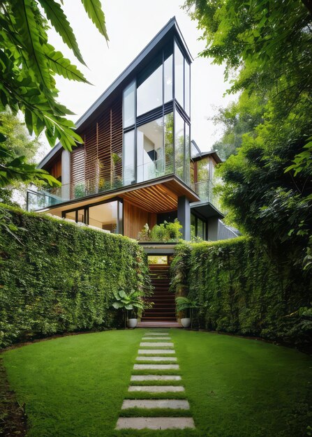 баланс природы и современного дизайна с домом, окруженным городскими джунглями зелени