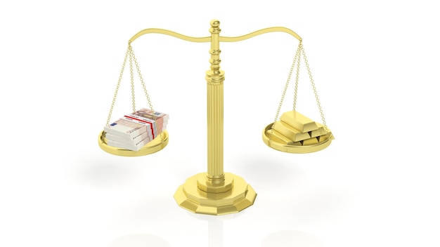 흰색 배경에 격리된 유로 팩과 금괴가 있는 균형 규모