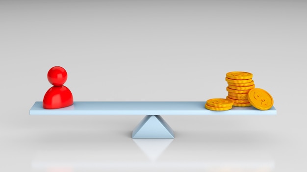 Balance scales and employee with money coins. 3d render.