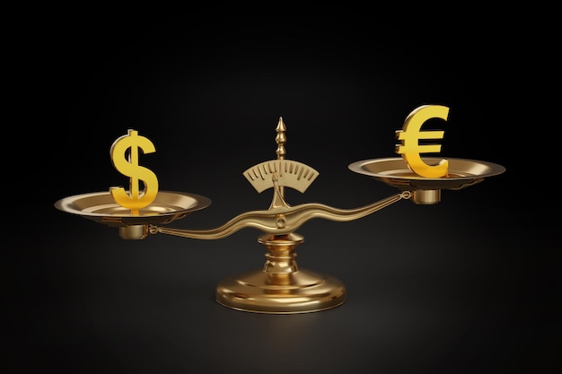 Photo balance scales with dollar and euro signs on their plates 3d illustration