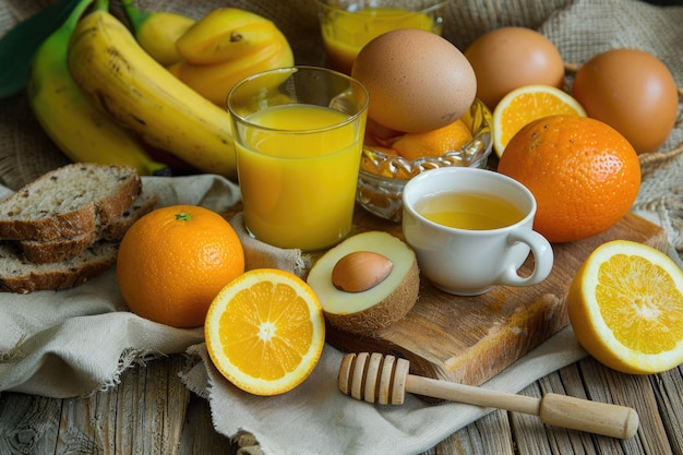 Balanced breakfast with fruits juice coffee bread egg honey